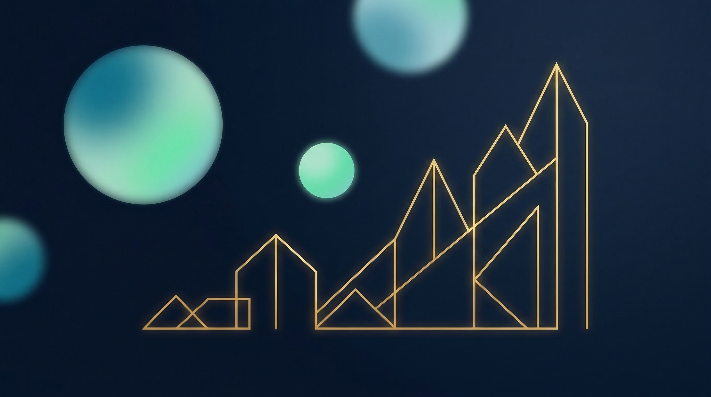 Abstract financial growth illustration with geometric shapes and teal-mint gradient orbs